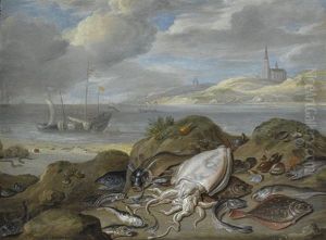 Still Life With Cuttle Fish, Plaice, Cod, Mussels And Other Fish On A Dune, A Church Across A River Estuary Beyond
