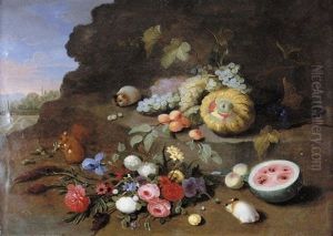A Still Life With A Posy Of Flowers, A Squirrel, Guinea Pigs, Grapes, A Melon And A Watermelon