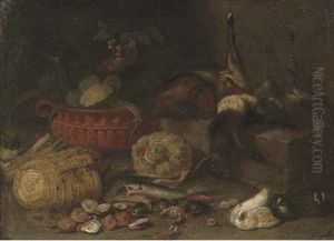 Pigeons And Fish With A Cat And A Wicker Basket And A Terracotta Pot With A Cauliflower