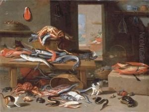 A Lobster, A Sturgeon, An Eel And Other Fish On A Table With A Wicker Basket, Cats And A Tortoise In The Foreground With Other Fish And Sea Animals, A Landscape Through A Doorway Beyond by Jan van Kessel the Elder