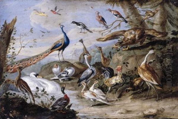 An Eagle, Peacocks, Doves, Herons, A Cockerel, A Hen, A Mallard, A Swan And Other Birds On A Riverbank - view 1