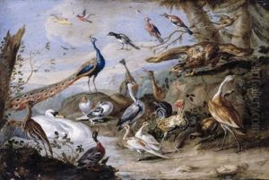 An Eagle, Peacocks, Doves, Herons, A Cockerel, A Hen, A Mallard, A Swan And Other Birds On A Riverbank by Jan van Kessel the Elder