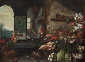 A Kitchen Still Life With A Ham And Herring On Silver Plates, A Sugar Jar, A Lobster, Bread, Pheasants, Apples, Flowers In A Vase And Two Glass Bottles