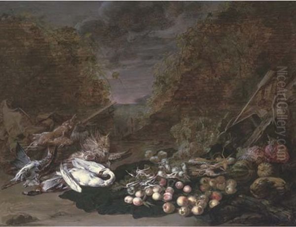 A Swan, A Mallard, A Bittern, Rabbits And Fruits And Vegetables, A Landscape Beyond - view 1