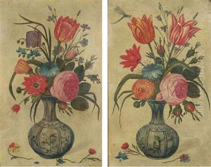 Tulips, A Rose And Other Flowers In An Ornamental Vase With A Dragonfly (+ Roses, Tulips And Honeysuckle In An Ornamental Vase; Pair) by Jan van Kessel the Elder