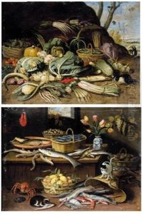 A Still Life Set In An Interior With Various Fish And Eels, A Lobster, Snails, Oysters... (+ A Still Life Set In A Landscape With Vegetables...; Pair)