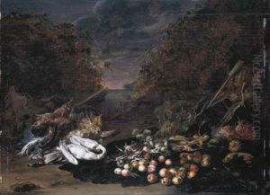 A Swan, A Mallard, A Bittern And Rabbits And Fruits And Vegetables, A Landscape Beyond by Jan van Kessel the Elder