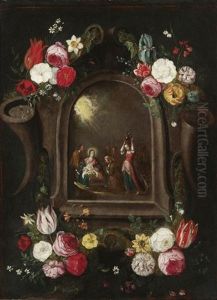 Blumengesteck Um Ein Medaillon Mit Der Anbetung Des Christuskindes Blumengesteck Um Ein Medaillon Mit Der Anbetung Des Christuskindes