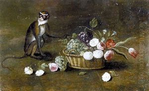 Stilleben Mit Meerkatze Und Blumenkorb by Jan van Kessel the Elder