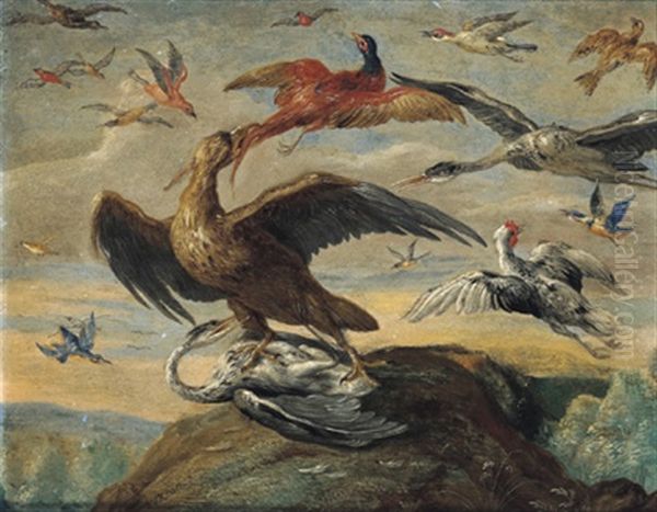 Ein Adler, Zwei Reiher, Ein Fasan, Ein Falke Und Andere Vogel In Einer Gebirgigen Landschaft - view 1