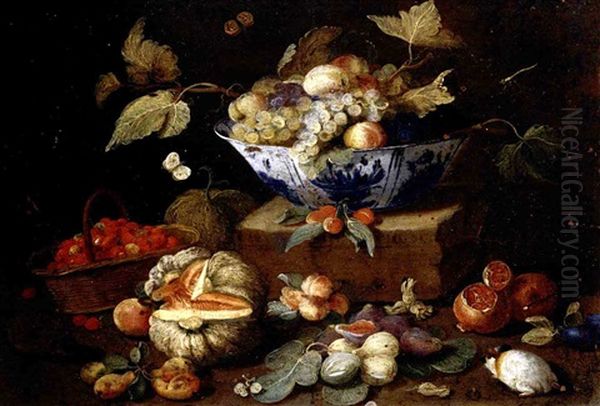 Still Life Of Apples And Grapes In A Blue-and-white Porcelain Bowl Together With Pomegranates, Figs, A Watermelon, A Basket Of Fraises-de-bois, Peaches, Plums, A Guinea-pig And A Hedgehog - view 1