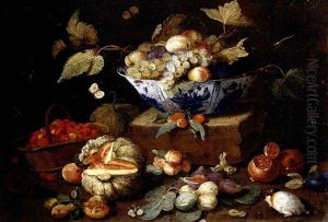 Still Life Of Apples And Grapes In A Blue-and-white Porcelain Bowl Together With Pomegranates, Figs, A Watermelon, A Basket Of Fraises-de-bois, Peaches, Plums, A Guinea-pig And A Hedgehog by Jan van Kessel the Elder