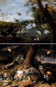 Night And Day: A Wooded Landscape With Bats (+ A Landscape With Ducks And Swans On A Pond; 2 Works) by Jan van Kessel the Elder