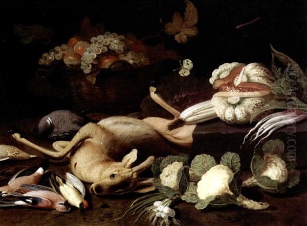 Still Life With A Basket Of Fruit, Cauliflowers, A Melon, Leeks, Radishes And Other Vegetables, Together With A Deer And Songbirds - view 1