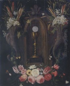 A Garland Of Flowers And Fruit Surrounding A Sculpted Niche With A Chalice And A Host by Jan van Kessel the Elder