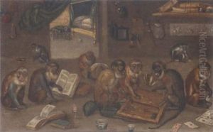 Monkeys Playing Backgammon, Cards And Reading Books In An Interior by Jan van Kessel the Elder