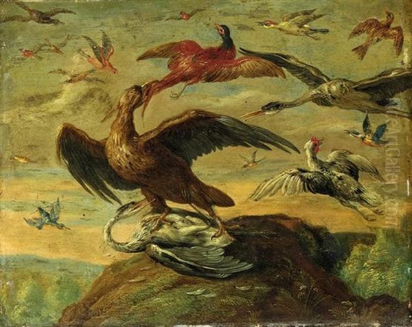 A Still Life With An Eagle, Stalks, A Pheasant, A Chicken, Kingfishers And Other Birds In A Landscape - view 1