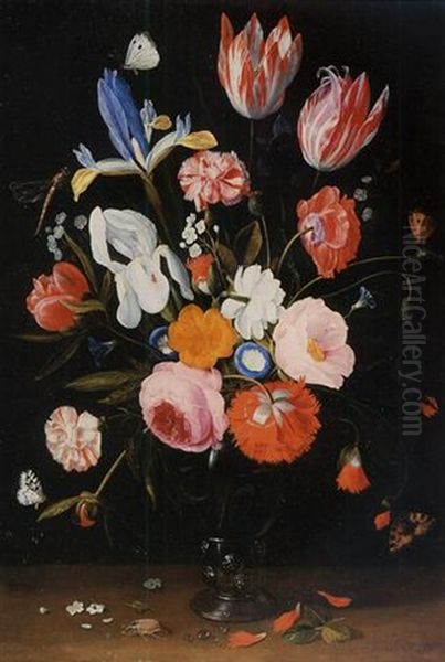 A Pink Rose, Irises, Carnations, Poppies, Tulips, Morning Glory And Other Flowers In A Roemer With Butterflies, A Dragonfly And A Beetle On A Ledge - view 1