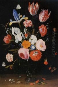 A Pink Rose, Irises, Carnations, Poppies, Tulips, Morning Glory And Other Flowers In A Roemer With Butterflies, A Dragonfly And A Beetle On A Ledge