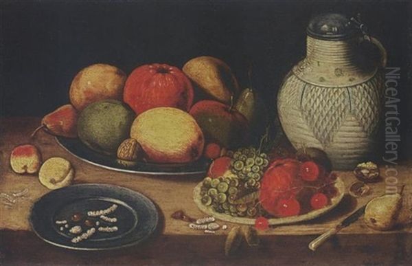 A Still Life With Apples, Pears, An Orange, A Walnut, Grapes, Cherries And Hazelnuts On Pewter Plates, Together With Apricots, A Knife, A Stoneware Jug With Cover, A Walnut And A Pear, All On A Ledge - view 1