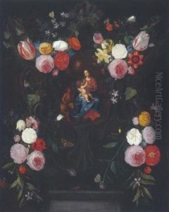 Blumengebinde Um Eine Kartusche Mit Maria, Jesus Und Johannesknaben