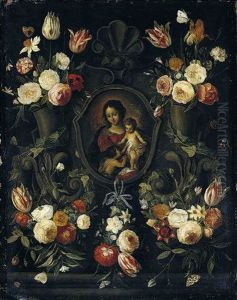A Stone Cartouche Adorned With Flowers And Butterflies, Surrounding An Image Of The Virgin And Child With The Infant Saint John The Baptist by Jan van Kessel the Elder