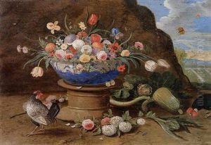 Natura Morta Con Vaso Di Fiori E Gallina