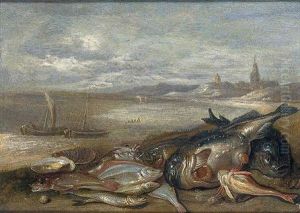 A Still Life Of Various Fish And Crustaceans On A Beach, With Fishing Boats And A Town Beyond by Jan van Kessel the Elder