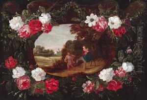 Blumengirlande Mit Der Flucht Nach Agypten Im Medaillon by Jan van Kessel the Elder