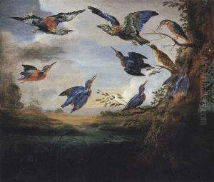 Kingfishers And Rollers In Flight In A River Landscape