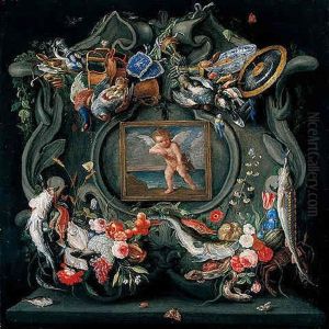 A Cartouche With Fish, Flowers, Fruit, Game, Armour, Hunting Equipment And Other Objects, Encircling A Framed Picture Of Cupid