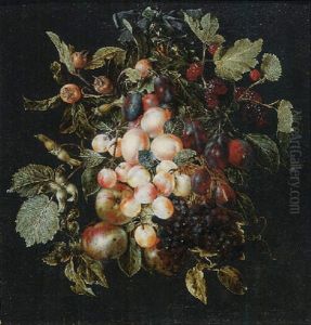 A Swag Of Fruit Hanging From A Nail Against A Grey Wall