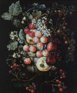 A Swag Of Fruit Hanging From A Nail Against A Wall