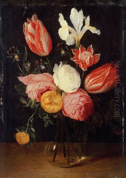 Roses, Tulips, An Iris, Pansies And An Anemone In A Glass Vase - view 1