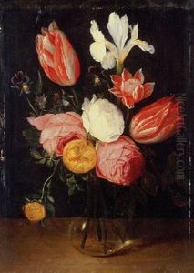 Roses, Tulips, An Iris, Pansies And An Anemone In A Glass Vase Roses, Tulips, An Iris, Pansies And An Anemone In A Glass Vase