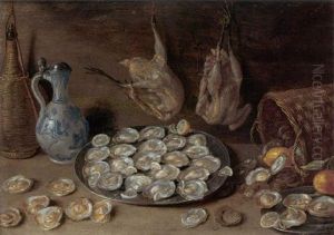 Still Life Of Oysters On Pewter Plates, Together With Lemons, An Orange, A Flask Of Wine, Poultry Hanging On The Wall