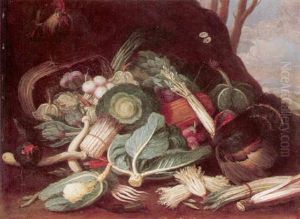 Still Life Of Vegetables, Together With A Turkey, A Cockerel And A Hen