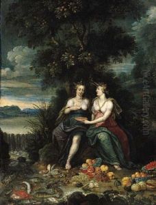 Personifications Of The Elements Of Water And Earth Seated On A River Bank By A Waterfall, Fruit And Fish In The Foreground Personifications Of The Elements Of Water And Earth Seated On A River Bank By A Waterfall, Fruit And Fish In The Foreground