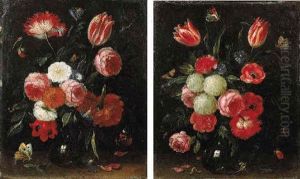 Roses, Tulips, Carnations And Other Flowers In A Glass Vase On A Stone Ledge With Butterflies And A Caterpillar Nearby