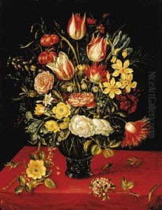 Tulips, Lilies, Daffodils, Irises, Roses, Hypericum, Forget-me-nots, Chicory, Honeysuckle And Other Flowers In A Roemer, With Hypericum And Elderflowers On A Table