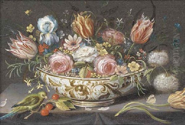Carnations, Roses, Tulips And Other Flowers In A Porcelain Bowl On A Ledge With A Finch, Cherries And A Butterfly - view 1