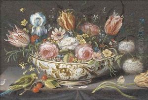 Carnations, Roses, Tulips And Other Flowers In A Porcelain Bowl On A Ledge With A Finch, Cherries And A Butterfly by Jan van Kessel the Elder