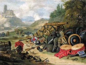 Weapons And Accoutrements Of War In A Battlefield, A River And A Church On A Hill Beyond Weapons And Accoutrements Of War In A Battlefield, A River And A Church On A Hill Beyond