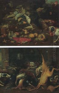 Still Life Of A Watermelon, Pears, Grapes And Melons, Plums And Apricots In A Basket With A Dog Suprising A Monkey