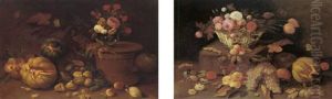 Still Life Of Roses & Carnations In Glass Vase, On A Terracotta Plinth, With Butterflies, Honey Melons, Figs, Fruit & A Guinea Pig, Upon A Stone Ledge