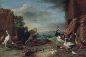 A Landscape With Peacocks, Hens, Ducks, A Turkey And Other Fowl by Jan van Kessel the Elder
