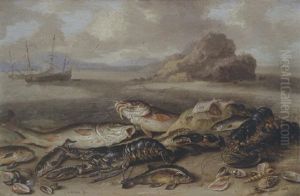 Lobsters, Red Mullet, Halibut, Flounder And Other Fish, With Sea Shells On The Beach, Shipping Beyond by Jan van Kessel the Elder