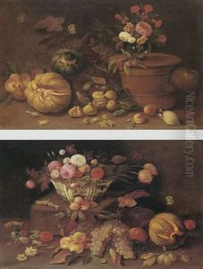 Still Life Of Roses And Tulips In A Blue-and-white Porcelain Bowl Together With Butterflies, Honey Melons, Grapes, Peaches And Pomegranates by Jan van Kessel the Elder