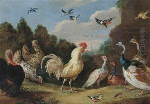 A Turkey, A Cockerel, Hens, A Peacock And Other Birds, In A Landscape by Jan van Kessel the Elder
