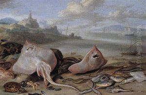 A Beach Scene With Rays, Eels, A Hermit Crab, Red Mullet, A Tortoise, And Other Fish by Jan van Kessel the Elder